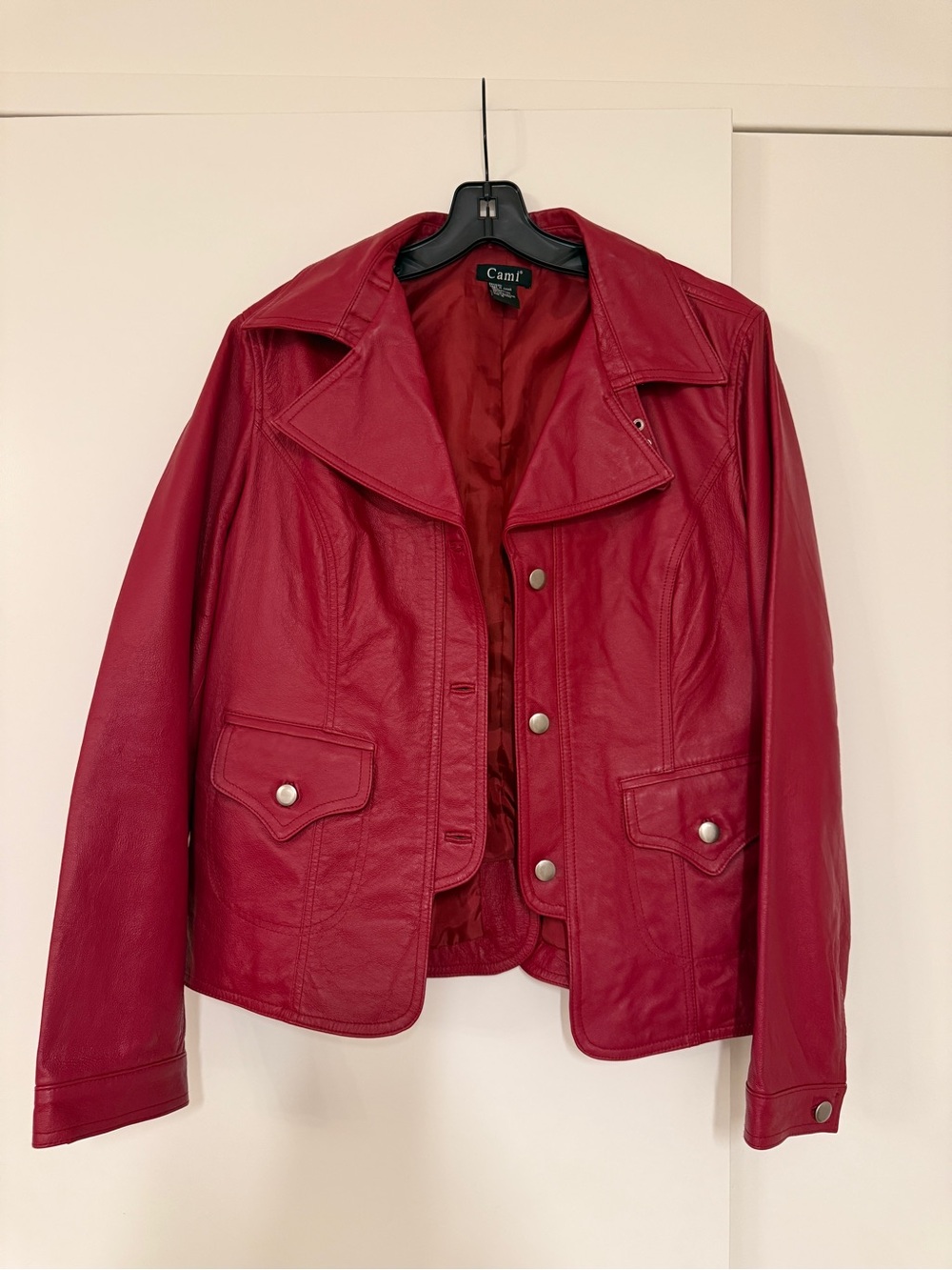 CAMI RED LEATHER BIKER MOTO JACKET, size 16